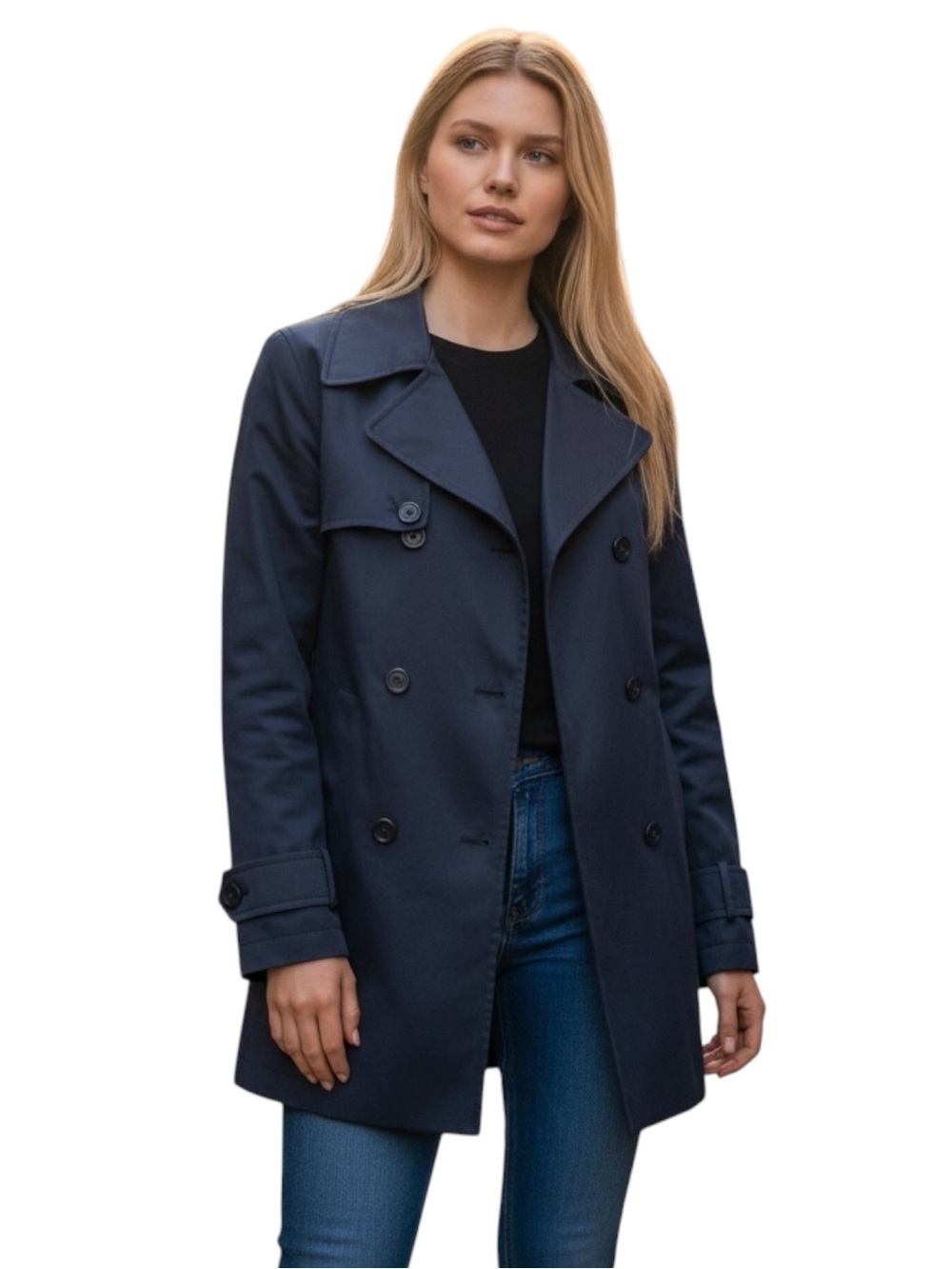 GAP Women's Black/Dark Navy Double-Breasted Coated Rain Trench Coat Jacket